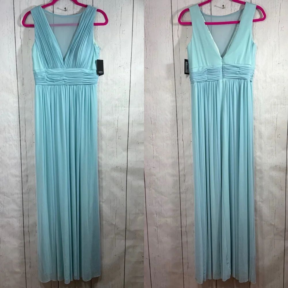 Marina Aqua Pleated Maxi Dress Elegant Sleeveless Formal Gown Ruched Waist